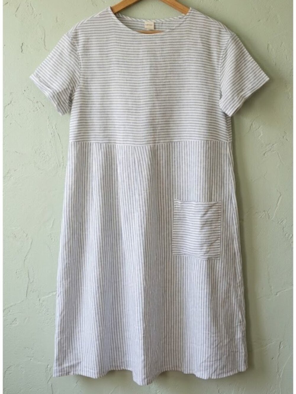 Lintico Size S 100% Linen Midi Dress Striped White Blue Pocket Lagenlook Flare